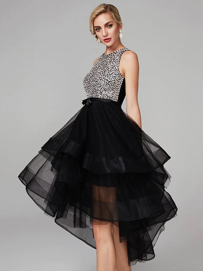 Cute Dress Homecoming Knee Length Sleeveless Jewel Neck Wednesday Addams Family Satin with Beading Cascading Ruffles