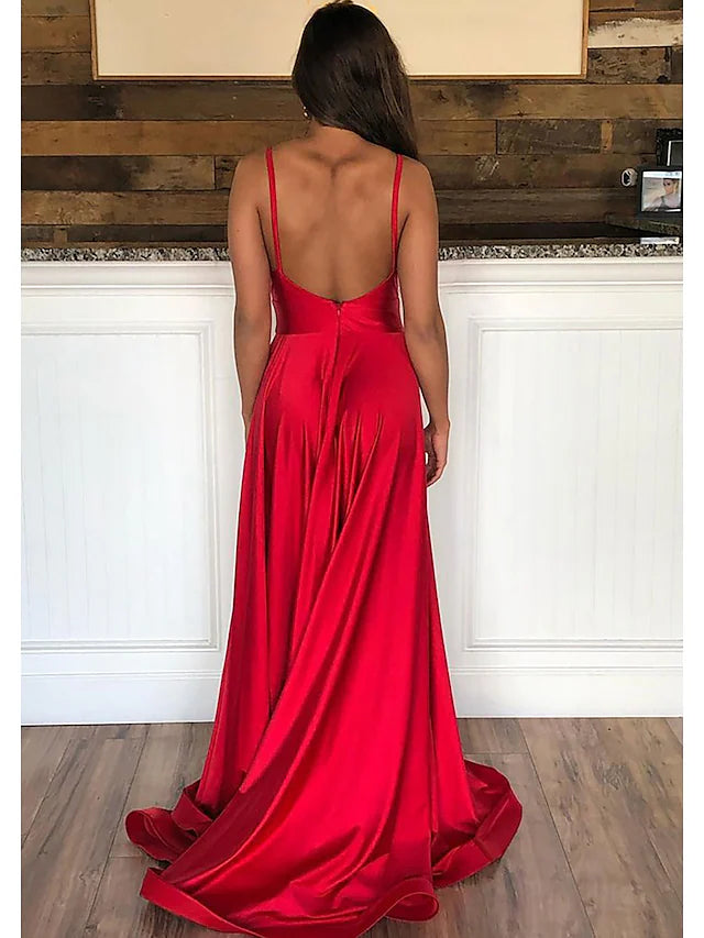 Sleeveless Court Train Satin Prom Dress With Pleated Split