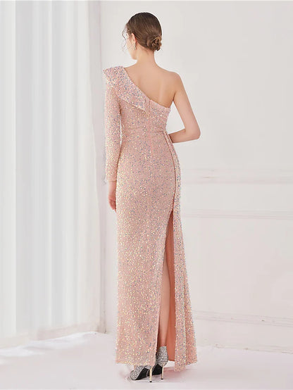 Evening Gown Elegant Dress Wedding Guest Floor Length Long Sleeve One Shoulder Sequined V Back with Sequin Slit