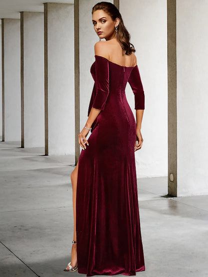Mother of the Bride Dress Vintage Elegant Off Shoulder Floor Length Velvet  Length Sleeve with Split Front Ruching