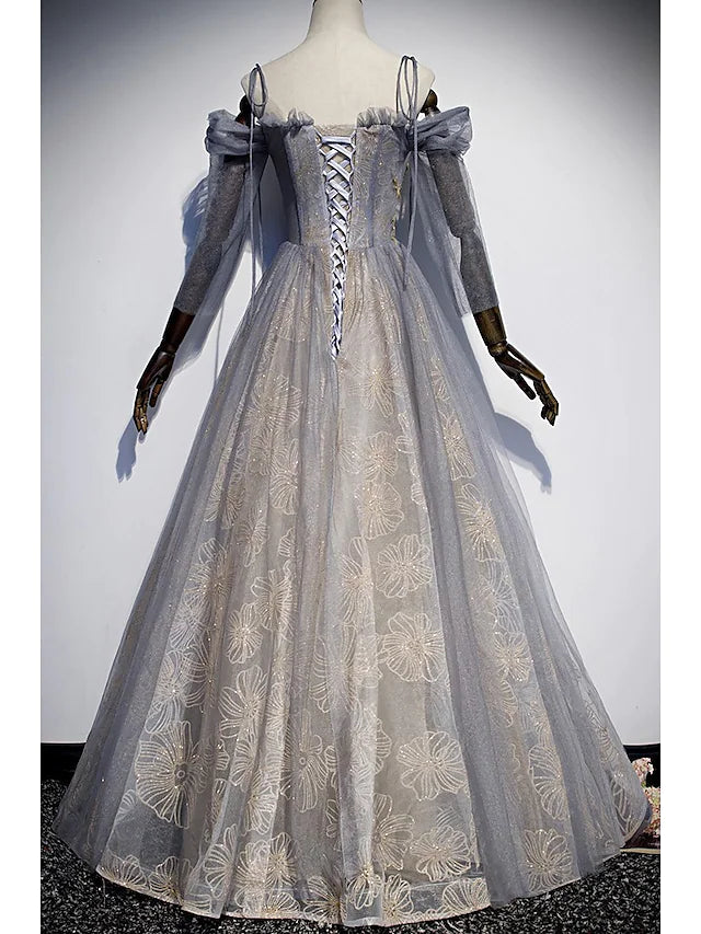 Prom Dresses Glittering Dress Wedding Guest Floor Length  Length Sleeve Spaghetti Strap Tulle with Sequin Embroidery