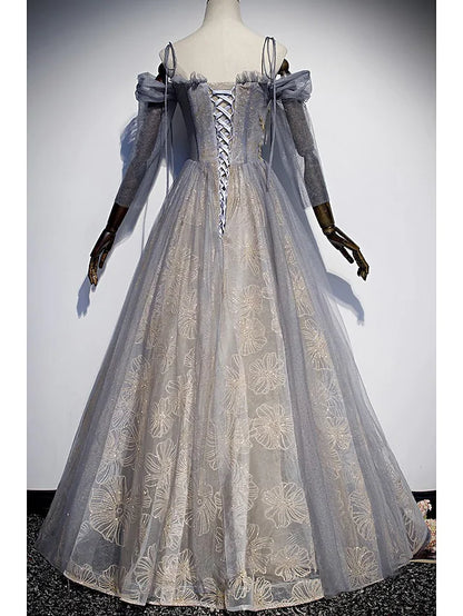 Prom Dresses Glittering Dress Wedding Guest Floor Length  Length Sleeve Spaghetti Strap Tulle with Sequin Embroidery