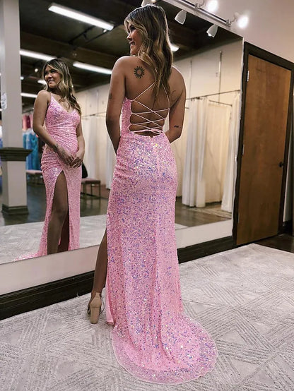 Prom Dresses Sparkle & Shine Dress Formal Sleeveless V Neck Sequined Backless with Sequin Slit