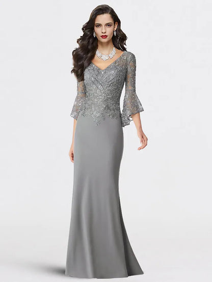 Mother of the Bride Dress Plus Size Elegant V Neck   Chiffon Lace Length Sleeve with Sequin Appliques