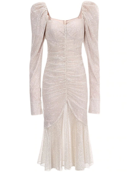Prom Dresses Sparkle & Shine Dress Party Wear Tea Length Sleeveless Square Neck Tulle with Ruched Sequin