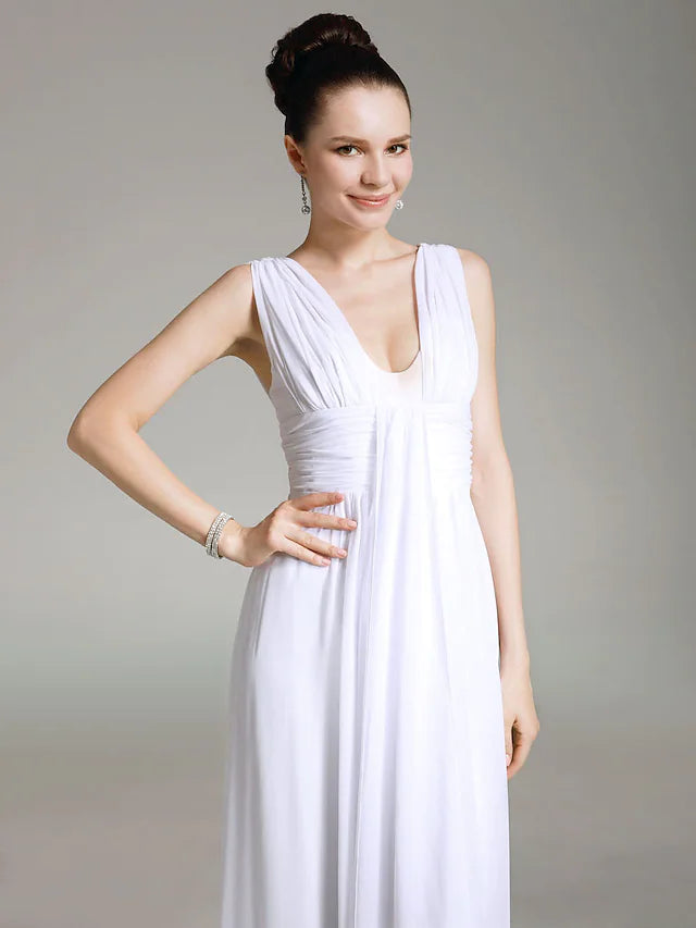 Formal Evening Ball Dress V Neck Sleeveless Floor Length Chiffon with Ruched Draping