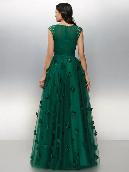 Floral Dress Wedding Guest Floor Length Short Sleeve Boat Neck Tulle with Crystals Appliques