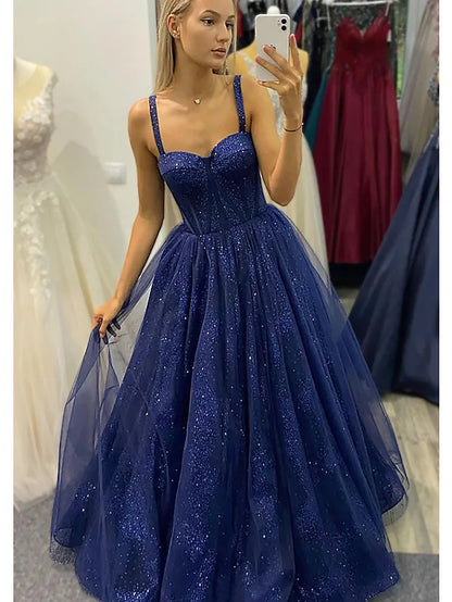 Prom Dresses Sparkle & Shine Dress Formal Floor Length Sleeveless Sweetheart Tulle Backless with Glitter Pleats