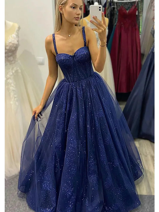 A-Line Prom Dresses Sparkle & Shine Dress Formal Floor Length Sleeveless Sweetheart Tulle Backless with Glitter Pleats