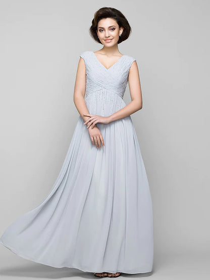 Mother of the Bride Dress Elegant V Neck Floor Length Chiffon Sleeveless with Criss Cross Beading