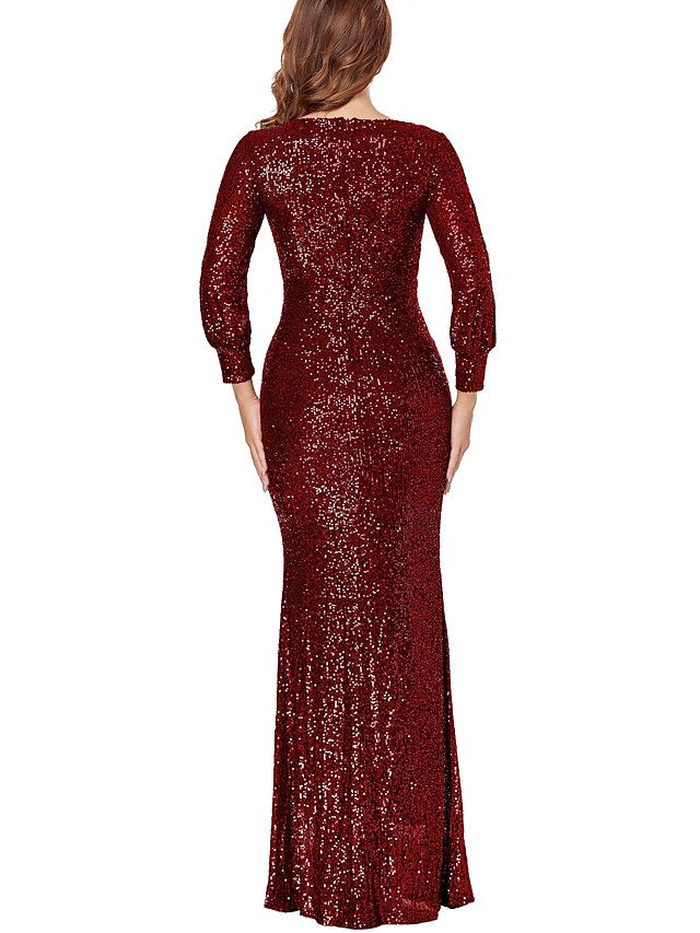 Sparkle Boho Prom Formal Evening Dress V Neck Long Sleeve Floor Length Polyester with Criss Cross Sequin