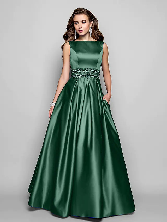 A-Line Elegant Dress Wedding Guest Floor Length Sleeveless Boat Neck Pocket Satin with Pleats Beading