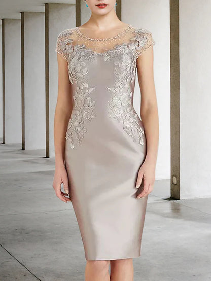 Mother of the Bride Dress Luxurious Elegant Jewel Neck Knee Length Lace Charmeuse Cap Sleeve with Beading Appliques