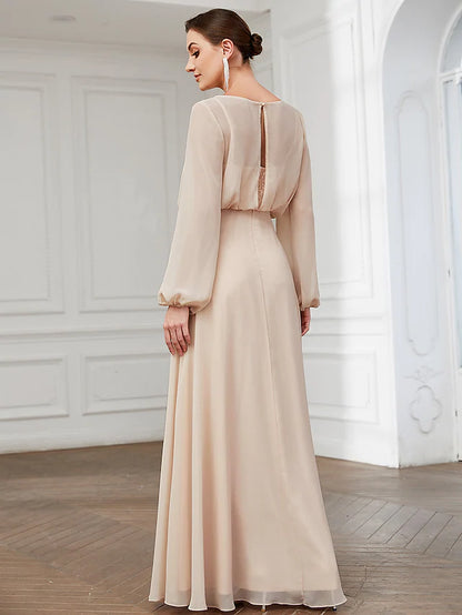 Prom Dresses Empire Dress Wedding Guest Floor Length Long Sleeve Jewel Neck Chiffon with Buttons