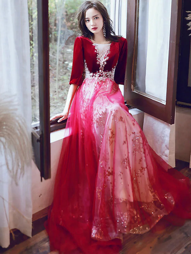Glittering Cut Out Party Wear Formal Evening Dress Illusion Neck Half Sleeve Floor Length Velvet with Sequin Appliques