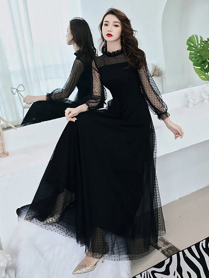Little Black Dress Elegant Party Wear Prom Dress High Neck Long Sleeve Floor Length Lace with Ruffles