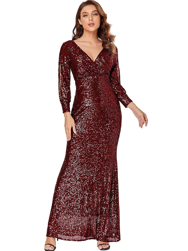 Sparkle Boho Prom Formal Evening Dress V Neck Long Sleeve Floor Length Polyester with Criss Cross Sequin
