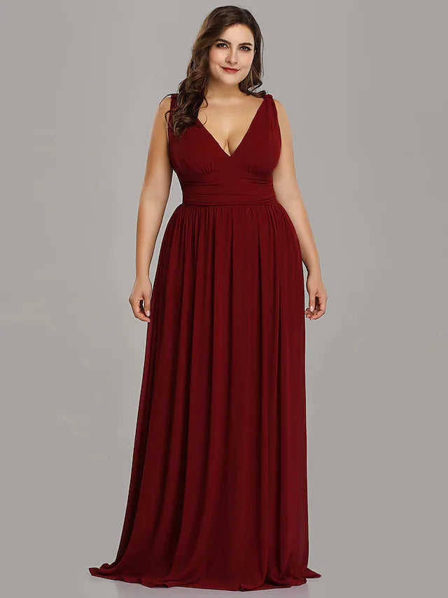 Plus Size Wedding Guest Formal Evening Dress V Neck V Back Sleeveless Floor Length Chiffon with Pleats