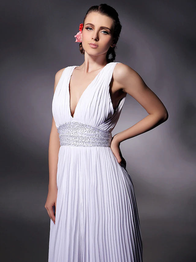 Celebrity Style Dress Prom Floor Length Sleeveless Plunging Neck Chiffon with Beading Draping