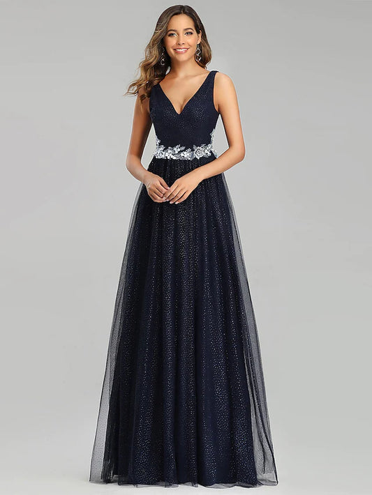 Prom Dresses Empire Dress Wedding Guest Floor Length Sleeveless V Neck Tulle with Sequin Appliques