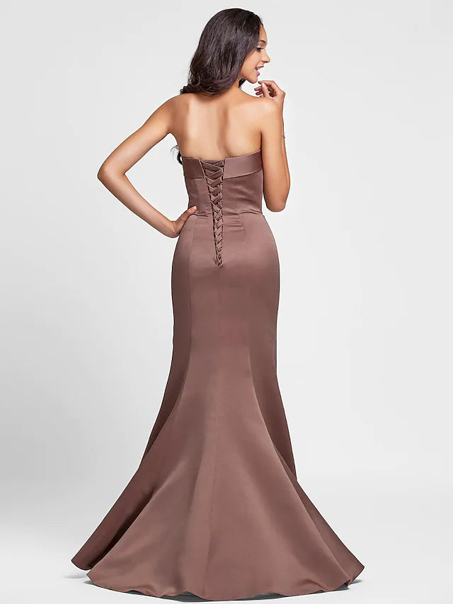 Mermaid  Trumpet Bridesmaid Dress Strapless Sleeveless Lace Up Floor Length Satin with Side Draping