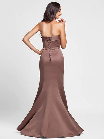Mermaid  Trumpet Bridesmaid Dress Strapless Sleeveless Lace Up Floor Length Satin with Side Draping