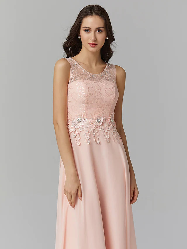 Empire Dress Wedding Guest Floor Length Sleeveless Illusion Neck Chiffon with Beading Appliques