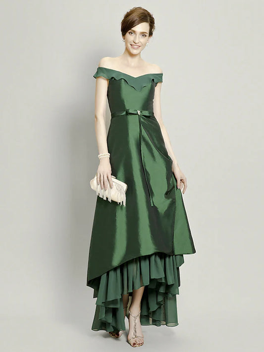 Mother of the Bride Dress Elegant High Low Off Shoulder Asymmetrical Chiffon Taffeta Short Sleeve with Pick Up Skirt Bow(s) Beading