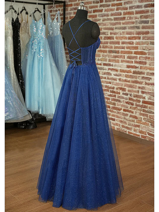 Prom Dresses Sparkle & Shine Dress Prom Floor Length Sleeveless Sweetheart Tulle Backless with Pleats Appliques