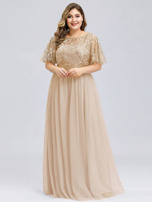 Prom Dresses Plus Size Dress Wedding Guest Floor Length Short Sleeve Jewel Neck Chiffon with Appliques