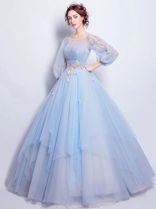 Elegant Floral Puffy Quinceanera Engagement Dress Illusion Neck 3/4 Length Sleeve Floor Length Tulle with Pleats Appliques