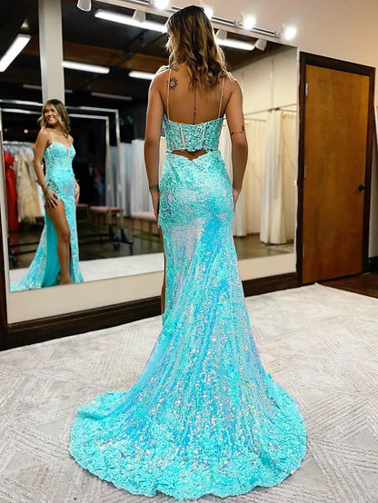 Prom Dresses High Split Dress Formal Court Train Sleeveless V Neck Sequined with Slit Appliques