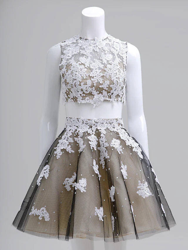 Dress Homecoming Short  Mini Sleeveless Illusion Neck Lace Over Tulle with Beading