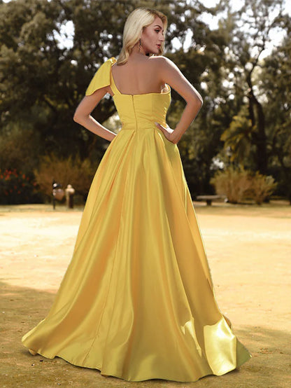 Princess Prom Birthday Dress One Shoulder Sleeveless  Satin with Bow(s) Slit