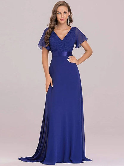 Evening Gown Empire Dress Wedding Guest Floor Length Short Sleeve V Neck Chiffon V Back with Ruffles