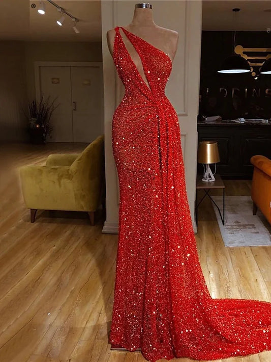 Sparkle & Shine High Split Prom Formal Evening Dress One Shoulder Sleeveless Court Train Sequined with Sequin Slit