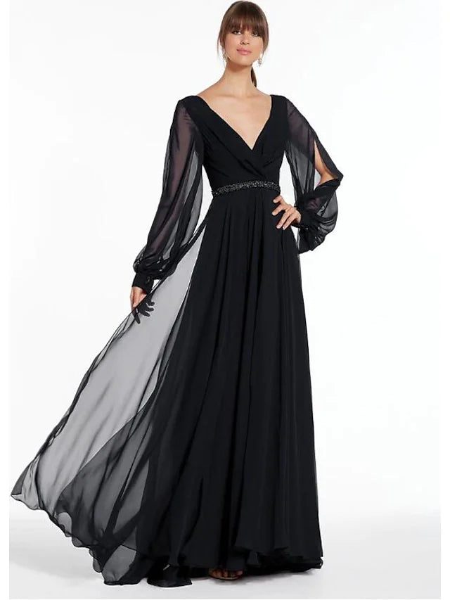 long sleeve dress holiday Evening Gown Empire Floor Length V Neck Chif – Koutun Dress Product Type_DRESSER WITH MIRROR Ladies - Black Appliquéd Women's size:XL definitely a must