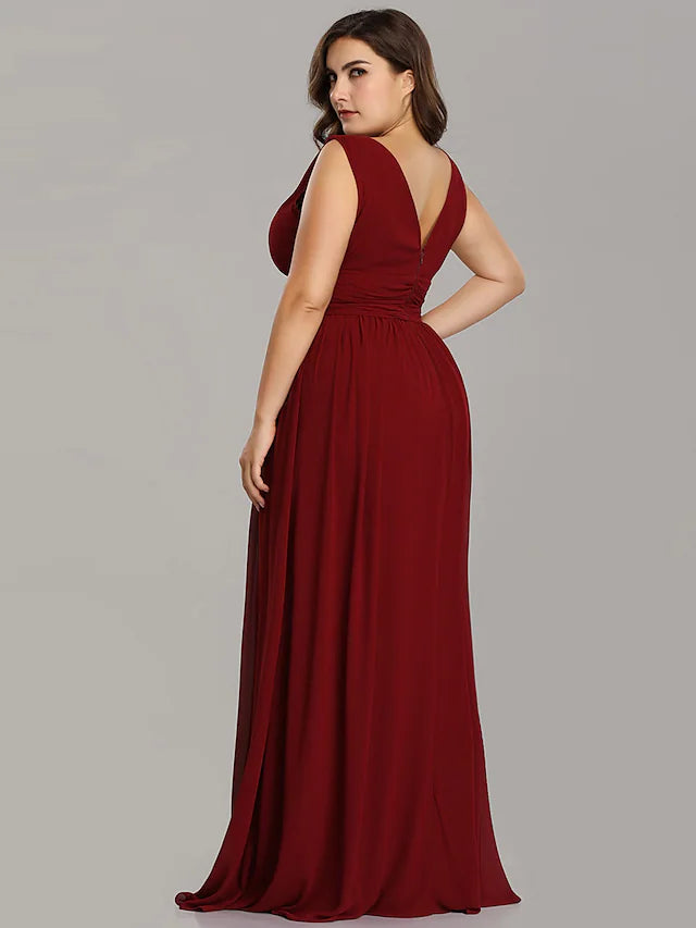 Plus Size Wedding Guest Formal Evening Dress V Neck V Back Sleeveless Floor Length Chiffon with Pleats