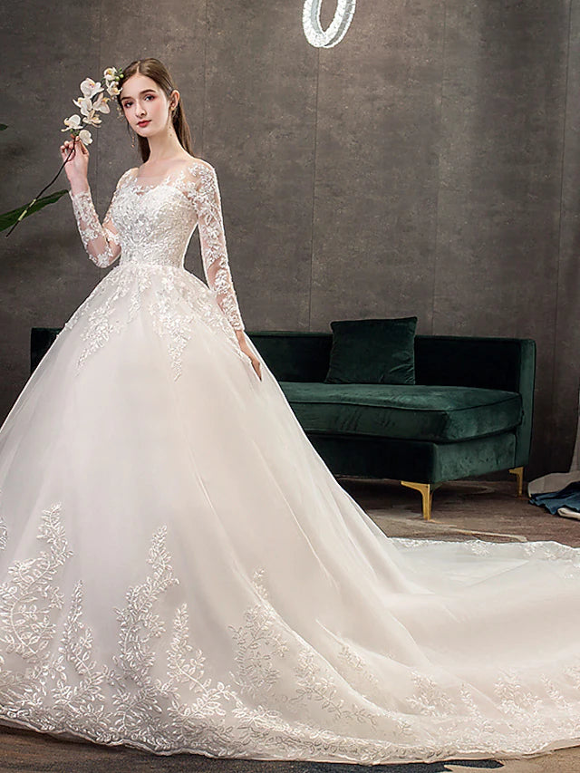 Engagement Open Back Formal Wedding Dresses Chapel Train Princess Long Sleeve Jewel Neck Lace With Pleats Appliques