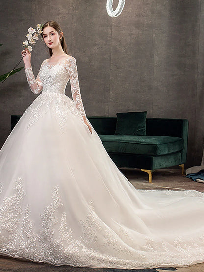 Engagement Open Back Formal Wedding Dresses Chapel Train Princess Long Sleeve Jewel Neck Lace With Pleats Appliques