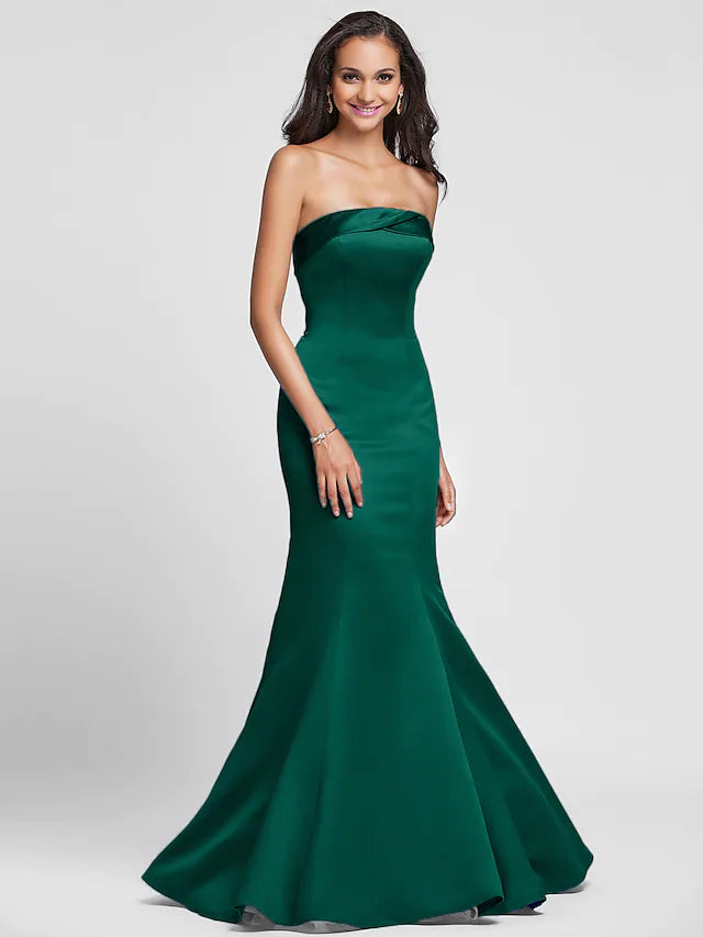 Mermaid  Trumpet Bridesmaid Dress Strapless Sleeveless Lace Up Floor Length Satin with Side Draping