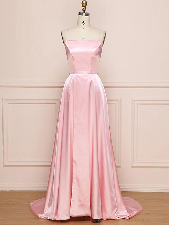 A-Line Prom Dresses Minimalist Dress Party Wear Sweep  Sleeveless Spaghetti Strap Satin with Pleats Slit