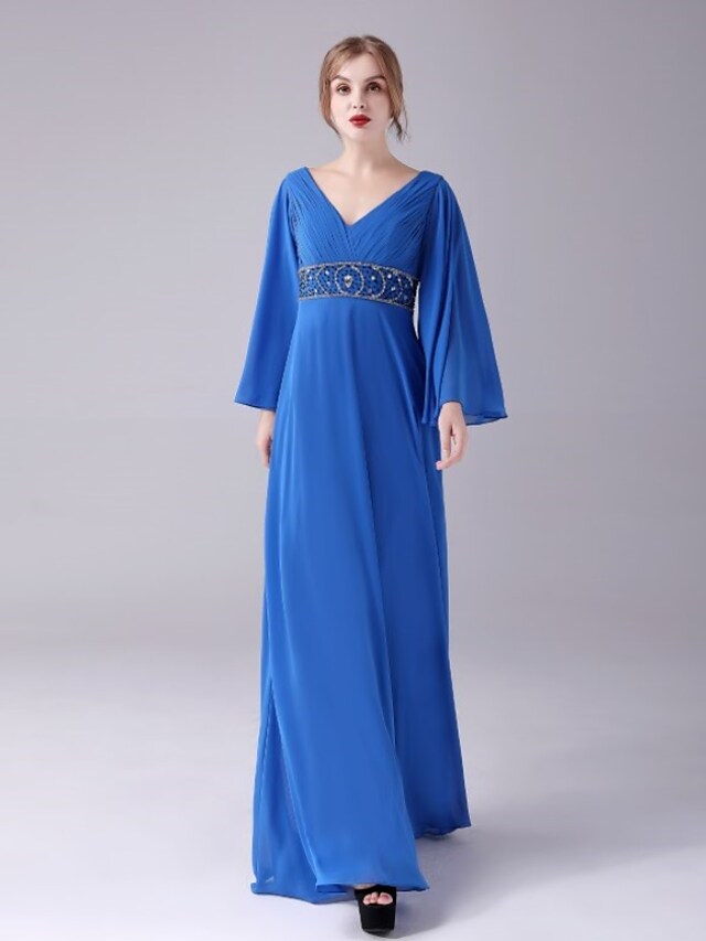 Mother of the Bride Dress Plus Size Elegant V Neck Floor Length Chiffon  Length Sleeve with Beading Ruching
