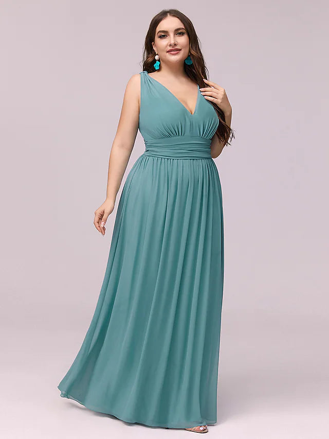 Plus Size Wedding Guest Formal Evening Dress V Neck V Back Sleeveless Floor Length Chiffon with Pleats