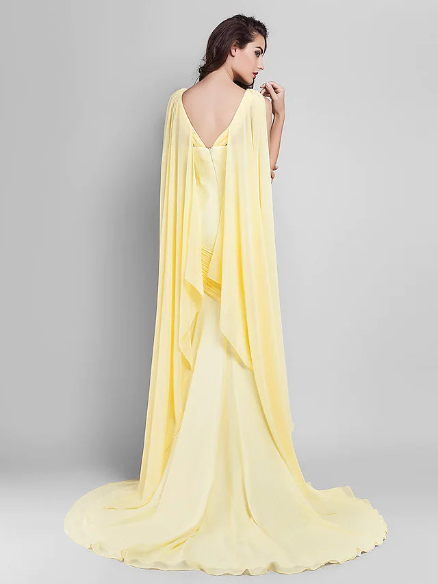 Dress Wedding Guest Court Train Sleeveless Plunging Neck Georgette V Back with Criss Cross Side Draping