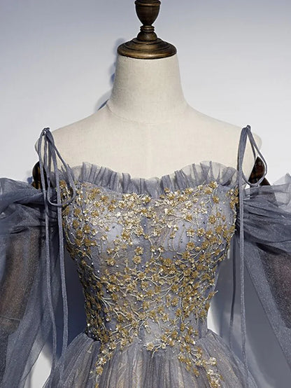 Prom Dresses Glittering Dress Wedding Guest Floor Length  Length Sleeve Spaghetti Strap Tulle with Sequin Embroidery