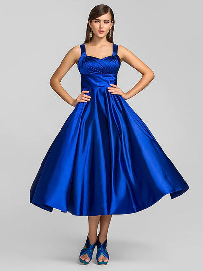 Minimalist Dress Wedding Guest Tea Length Sleeveless Square Neck Stretch Satin with Criss Cross