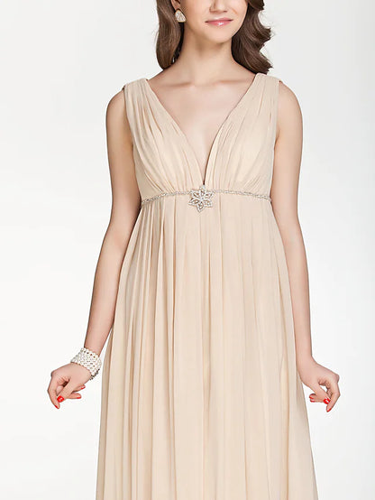 A-Line Bridesmaid Dress V Neck Sleeveless  Back Floor Length Chiffon with Pleats   Beading   Draping