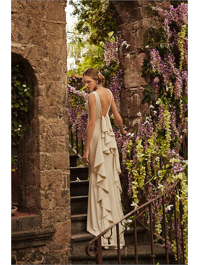 Open Back Wedding Dresses Sleeveless Bateau Neck Scoop Neck Charmeuse With Draping