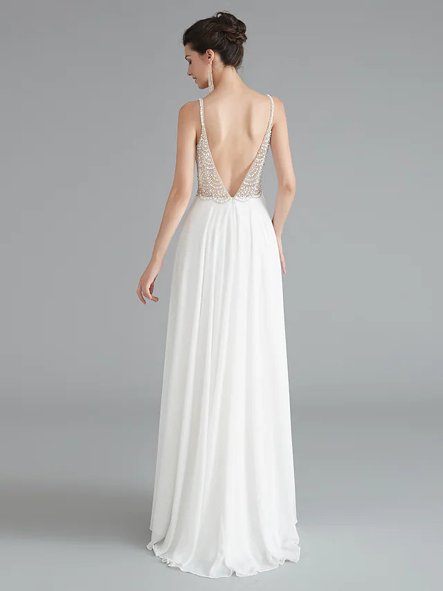 Evening Gown Empire Dress Engagement Floor Length Sleeveless V Neck Chiffon V Back with Beading